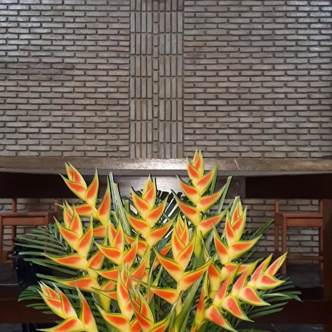 Helicônias diante da parede de tijolo aparente da igreja, onde o desenho dos tijolos forma a cruz.
