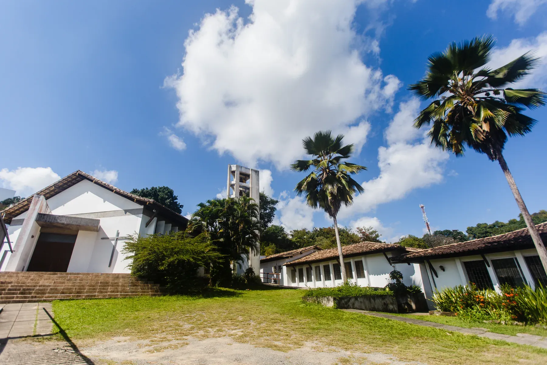Fachada do conjunto do Mosteiro do Salvador, com o campanário e as palmeiras do pátio